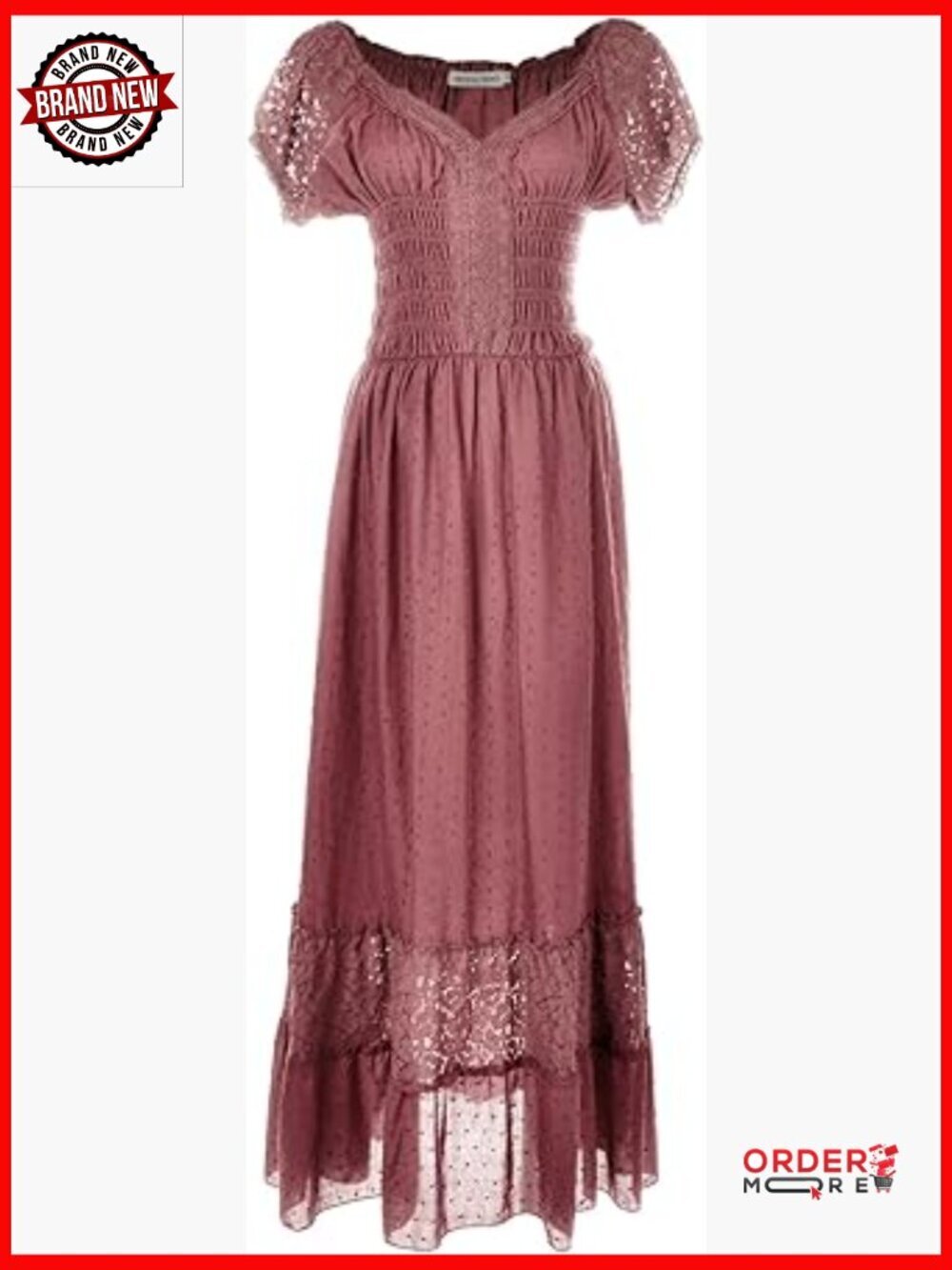 Cap Sleeve Lace Trim Maxi Dress Renaissance Boho Peasant Maiden